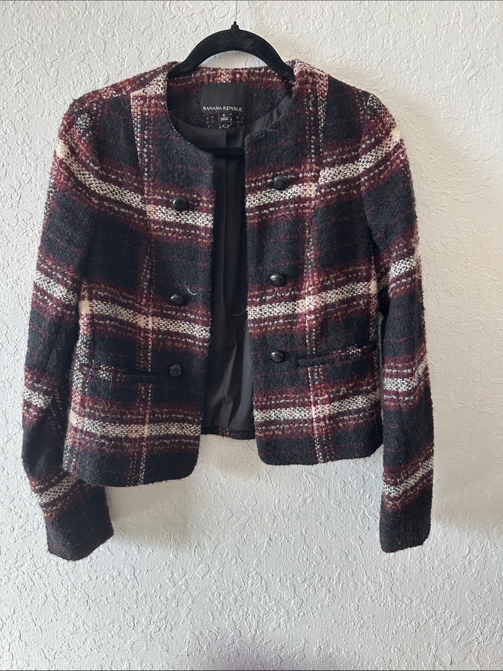 Banana Republic Black & Burgundy Plaid Collarless Blazer